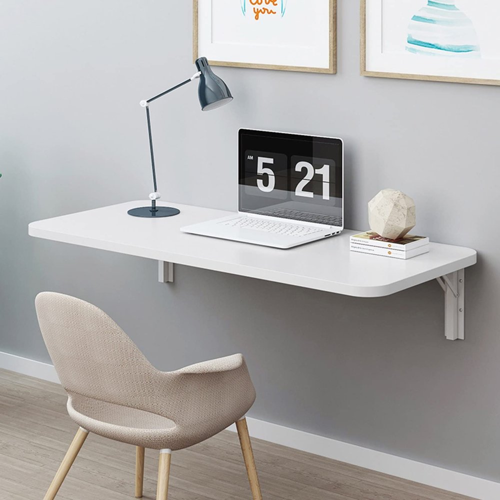 Aigoss Folding Wall-Mounted Drop-Leaf Table - Heavy Duty Fold Down Wall Mount Desk for Small Spaces Desk Home/Office/Kitchen & Dining Room (Color : White, Size : L60xW30cm/L24xW12in)