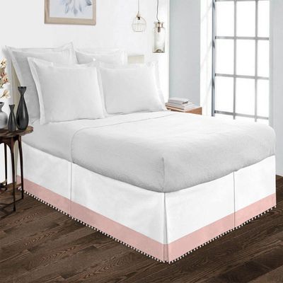 Kings Loft Pom Pom Two Tone BedSkirt 100% Egyptian Cotton 1000 Thread Count, Top-Knot Tassle White Pompom Fringe Solid Pattern, 10 Inch Drop Olympic Queen Size, White/Blush Solid