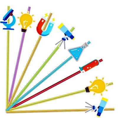 24pcs Science Theme Straws 6 Colors Reusable Plastic, Drink Cocktail Straws with Cartoon Decorations Mad Scientist Party Supplies Birthday Party Favors