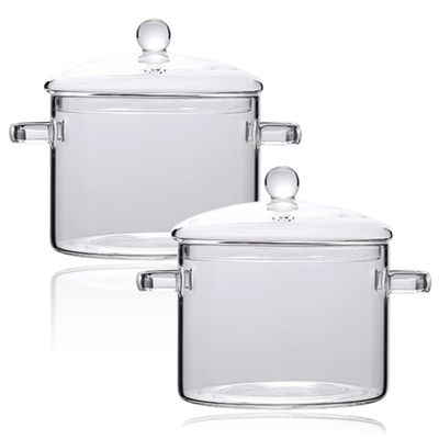 ERINGOGO 2pcs Saucepan with Lid, 1900ML Cooking Pot Clear Simmer Resistant Handles, Stovetop Soup Borosilicate Cookware, Dishwasher Safe 64oz 2pcs