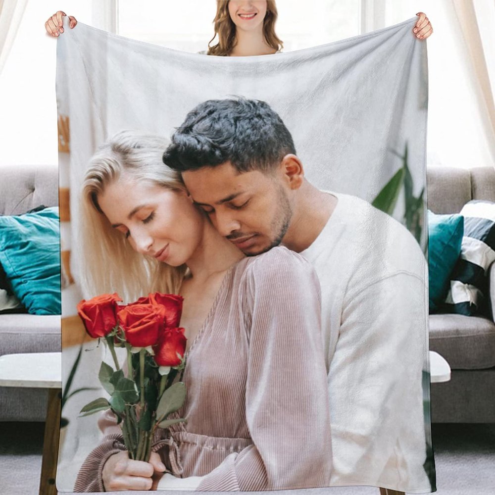 Custom Blanket and 2 Pillow Cases Set with Photo Text Personalized Bedding Flannel Fleece Throws Blankets Customized Pillow Covers for Couple Valentines Day Boyfriend Girlfriend Birthday Gifts 80"x60"