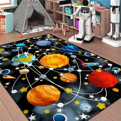 Boys Space Area Rugs for Bedroom Educational Learning Large Carpet Rug Indoor Sofa Floor Mats Solar System Space Theme Living Bedroom Dining Room Decor Crystal Polyester Area Rug Door Mats, 3'5'