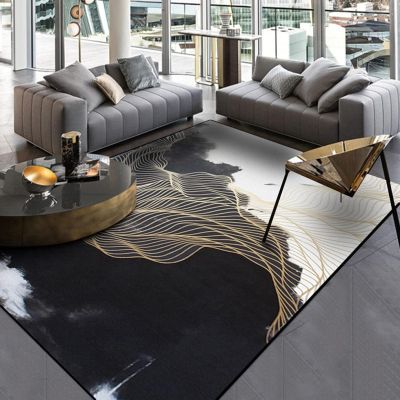 Modern Abstract Rug Black and Beige Golden Lines Area Rug, Marble Wavy Stripes Art Style Indoor Non-Slip Kids Rugs, with Anti-Slip Easy Clean Carpet for Living Room Bedroom Dining Room-2x6ft
