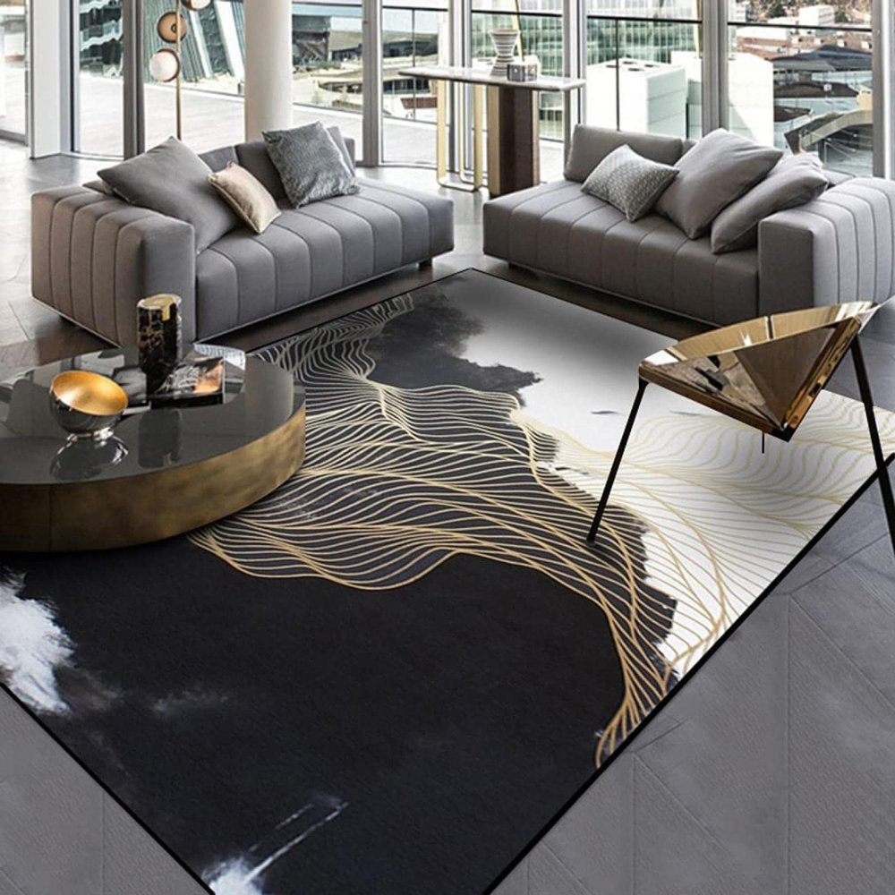 Modern Abstract Rug Black and Beige Golden Lines Area Rug, Marble Wavy Stripes Art Style Indoor Non-Slip Kids Rugs, with Anti-Slip Easy Clean Carpet for Living Room Bedroom Dining Room-2x6ft