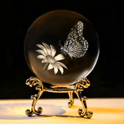 60mm 3D Laser Engraved Butterfly Crystal Ball Paperweight With Stand