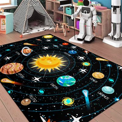 Boys Space Area Rugs for Bedroom Educational Learning Large Carpet Rug Indoor Sofa Floor Mats Solar System Space Theme Living Bedroom Dining Room Decor Crystal Polyester Area Rug Door Mats, 3'5'