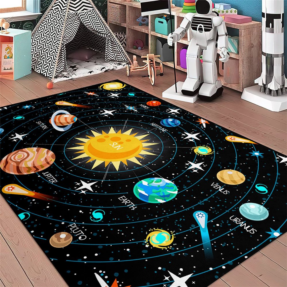 Boys Space Area Rugs for Bedroom Educational Learning Large Carpet Rug Indoor Sofa Floor Mats Solar System Space Theme Living Bedroom Dining Room Decor Crystal Polyester Area Rug Door Mats, 3'5'