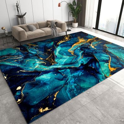 Modern Blue Marble Swirl Area Rug, Luxury Black Gold Stripe Art Indoor Non-Slip Kids Rugs, Machine Washable Breathable Durable Carpet for Front Entrance Floor Decor-5.3x8ft