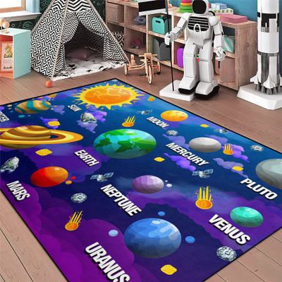 Boys Space Area Rugs for Bedroom Educational Learning Large Carpet Rug Indoor Sofa Floor Mats Solar System Space Theme Living Bedroom Dining Room Decor Crystal Polyester Area Rug Door Mats, 3'5'