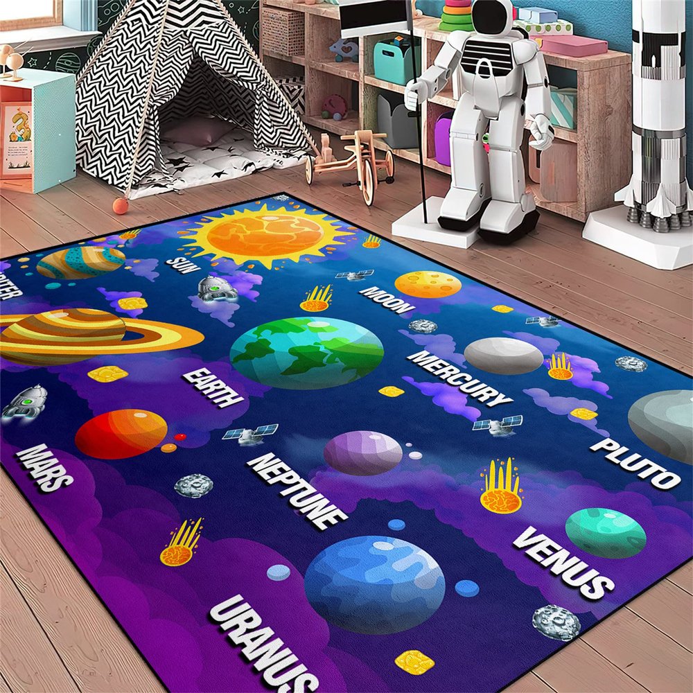 Boys Space Area Rugs for Bedroom Educational Learning Large Carpet Rug Indoor Sofa Floor Mats Solar System Space Theme Living Bedroom Dining Room Decor Crystal Polyester Area Rug Door Mats, 3'5'
