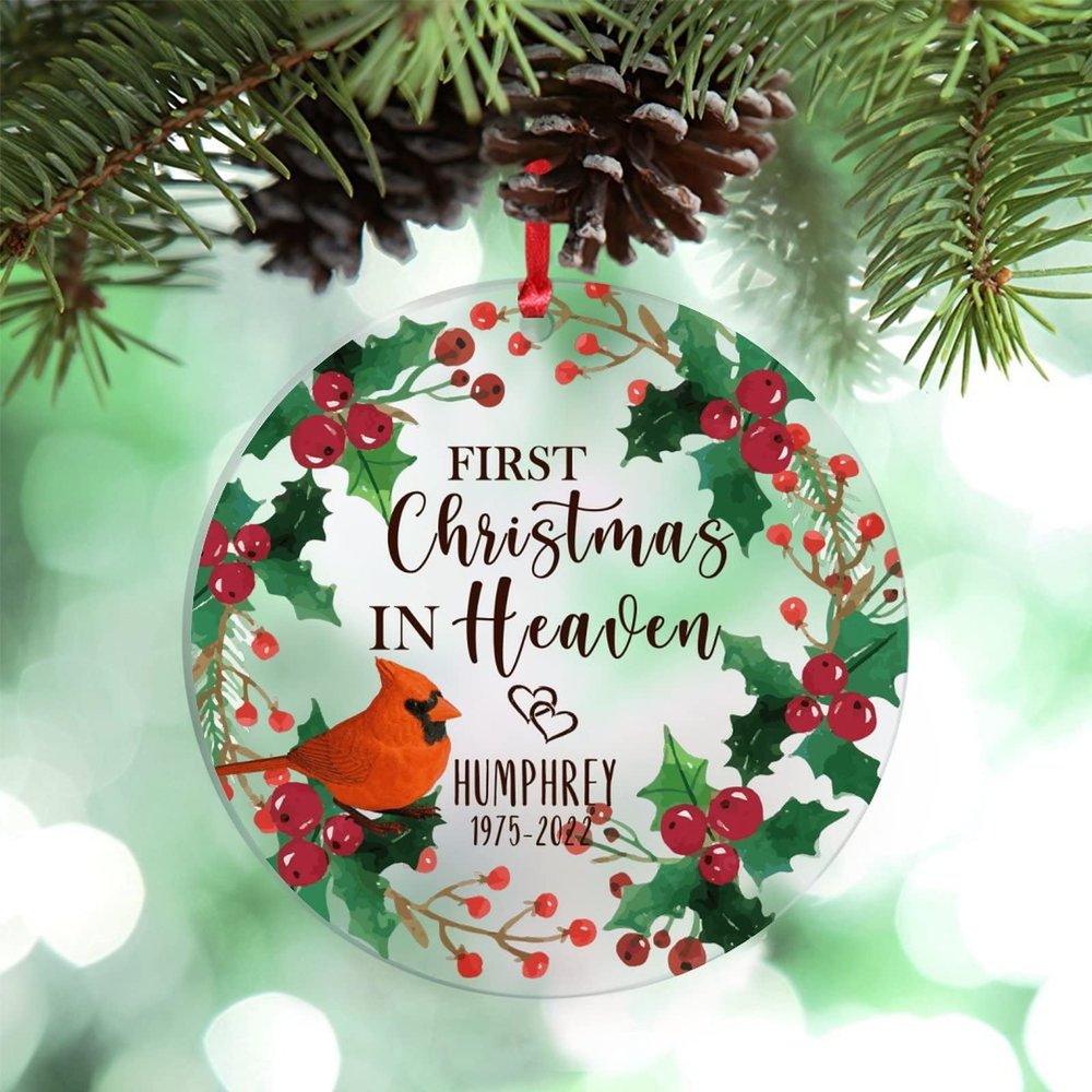 Red Bird with Flower Wreath Christmas Tree Ornaments First Christmas in Heaven Christmas Ornament 2022 Acrylic Hanging Ornaments Remembrance Sympathy Gifts Memorial Gift for Christmas