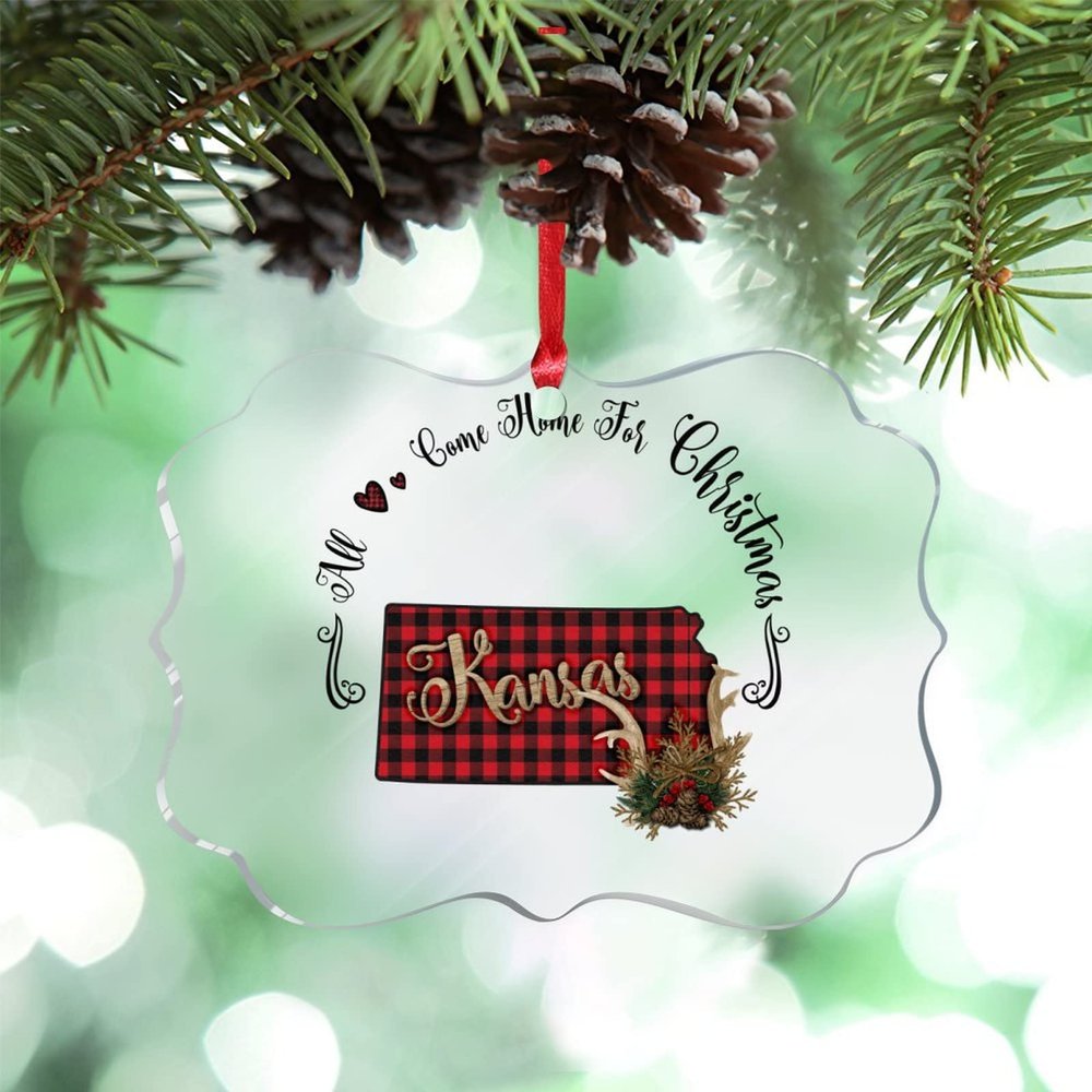 Kansas Buffalo Plaid Home State Ornaments for Christmas Trees All Come Home for Christmas Antlers Christmas Ornament 2022 Acrylic Hanging Ornaments Holiday Christmas Keepsake New Year Gifts