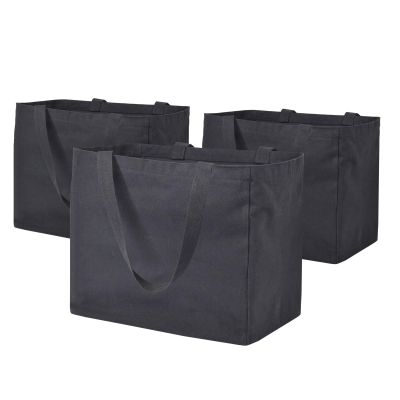CNaiyunpin 3 Pack Heavy Duty Reusable Canvas Grocery Bags, Holds 60 lbs, 8.3 gal Multi-Purpose Washable Bags with 5 Pockets, Black