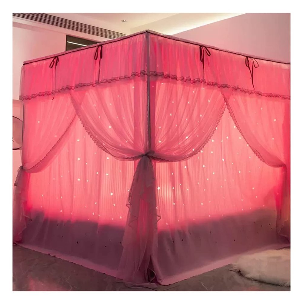 Bed Canopy The Pink Princess Style Hollowed Out Bed Canopy Can Be Used All Year Round, Floor Standing Curtain Yarn and Blackout Cloth (Color : A2, Size : 180x200x200cm)