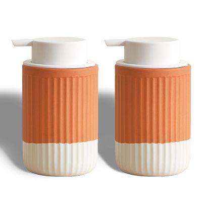 ABBI NIMO 2 Pack Hand Dipped Terracotta Ceramic Foam Soap Dispenser, 12 oz Rippled Bubble-Up Bottle with White Silicone Pump, Refillable Orange Hand Soap Dispenser for Bathroom