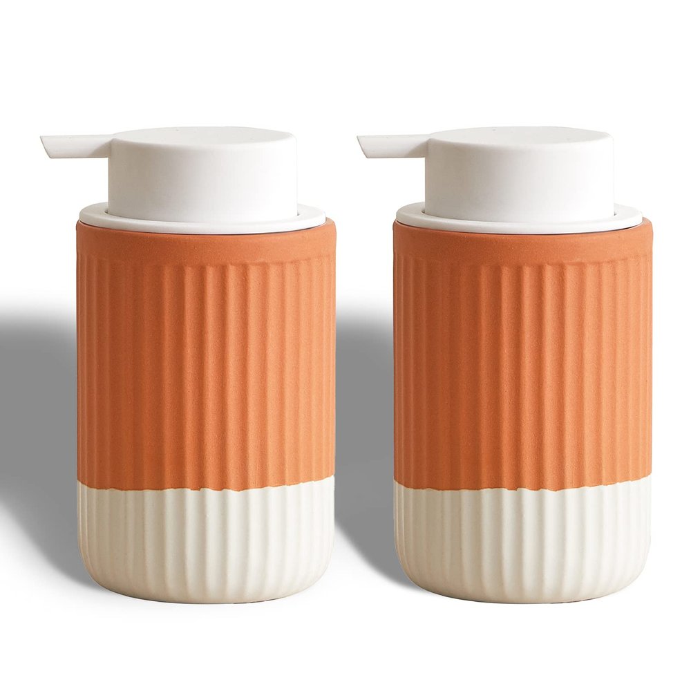 ABBI NIMO 2 Pack Hand Dipped Terracotta Ceramic Foam Soap Dispenser, 12 oz Rippled Bubble-Up Bottle with White Silicone Pump, Refillable Orange Hand Soap Dispenser for Bathroom