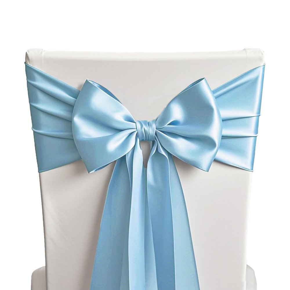 SINSSOWL 50 Baby Blue Chair Sashes Satin Chair Bows for Wedding Birthday Party Fiesta Decor - 7x108 Inches Ribbons Ties Fitted Banquets Folding Decorations