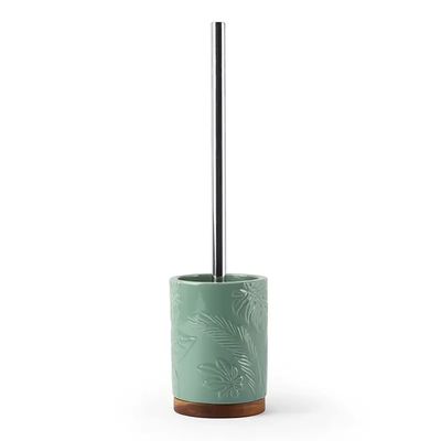 MANFER Green Ceramic Toilet Brush with Stainless Steel Handle, Motifeur Bathroom Accessories Ceramic Toilet Brush Set - Toilet Bowl Brush and Holder with Wooden Base