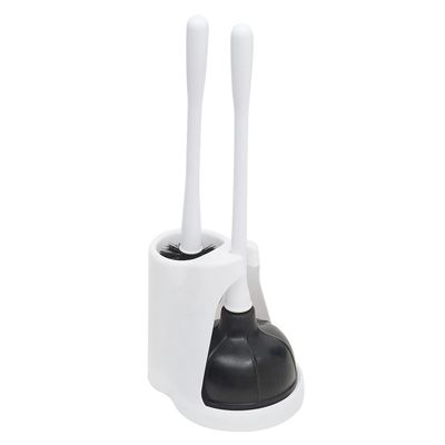 2 Piece Plastic Toilet Brush and Plunger Set (White), by Home Basics | Plunger Brush Combo for Bathroom/Plunger and Brush Set 2 Pack