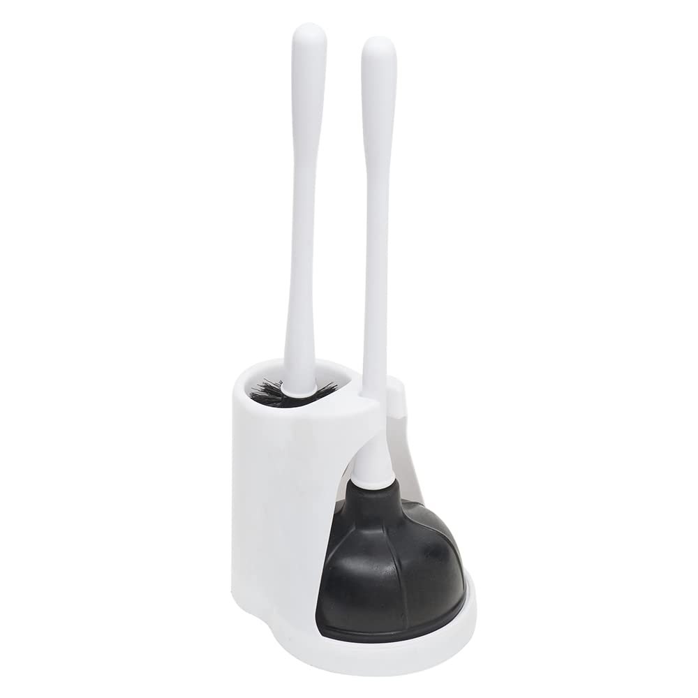 2 Piece Plastic Toilet Brush and Plunger Set (White), by Home Basics | Plunger Brush Combo for Bathroom/Plunger and Brush Set 2 Pack