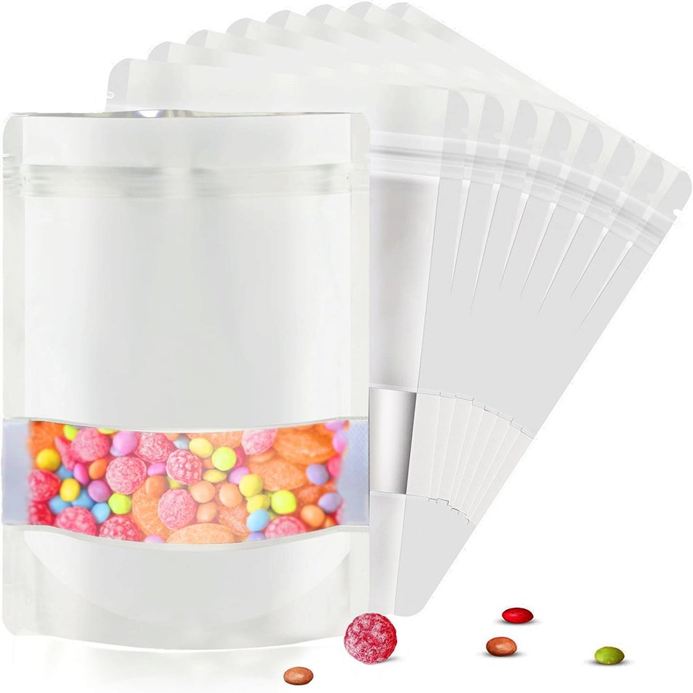 120pcs 4"x6" Mylar Bags for Food Storage,Smell Proof Bag with Matte Window Resealable Food Storage Bags for Small Business, Stand-up Foil Pouch Packaging Freeze Dried Candy BagWhite