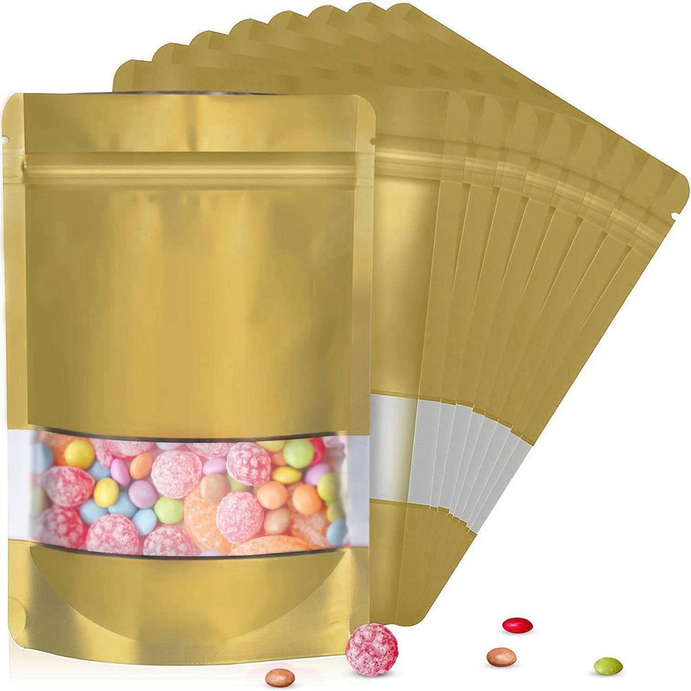 120pcs 4"x6" Mylar Bags for Food Storage,Smell Proof Bag with Matte Window Resealable Food Storage Bags for Small Business, Stand-up Foil Pouch Packaging Freeze Dried Candy Bag(Gold)
