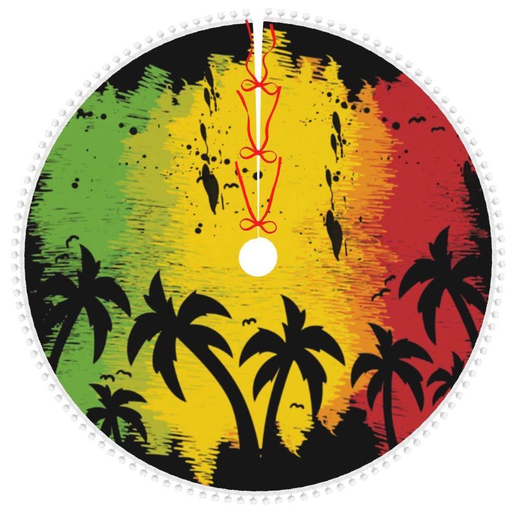 Christmas Tree Skirt with Pom Trim Hawaii-Rasta-Jamaica Holiday Christmas Home Decorations 48"