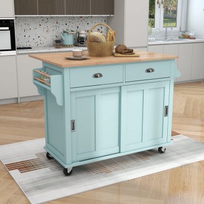 Kitchen Cart with Rubber Wood Drop-Leaf Countertop, Concealed Sliding Barn Door Adjustable Shelf, Kitchen Island on 4 Wheels with Storage Cabinet & 2 Drawers, 52.2''L x 30.5''W x 36.6''H, Mint Green