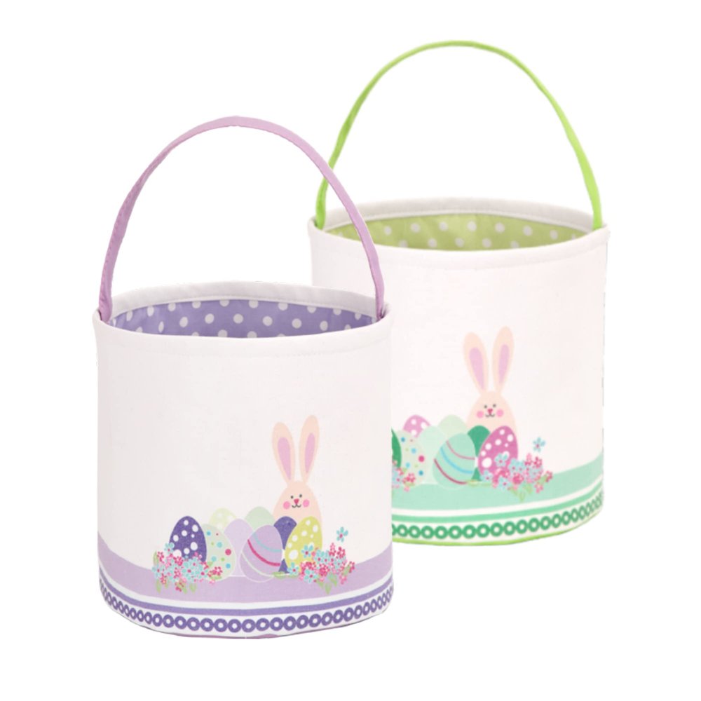 LessMo 2Pack Easter Bunny Basket Easter Egg Buckets, Green Purple Cute Personalized Canvas Cotton Tote Bags Egg Hunt Basket for Easter Party Gifts
