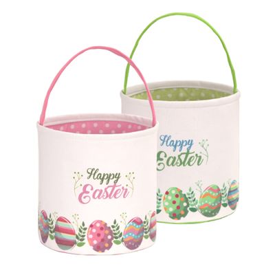 LessMo 2 Pcs Easter Bunny Basket Egg Buckets Gifts Tote Bags, Canvas Cotton Pink Green Cute Personalized Egg Hunt Basket Stuffers for Easter Party