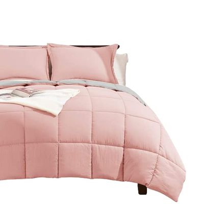 All-Season-1 Piece Box Stitched Down Alternative Reversible Comforter Set Cotton 500 GSM Soft Duvet Insert Lightweight Luxury Quilted Comforter Set Oversized King Size-Pink/Light Grey