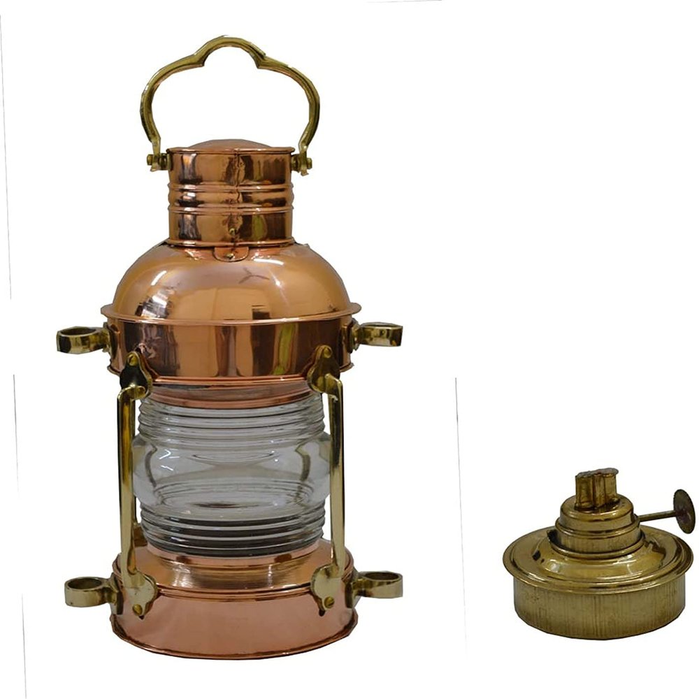 The Vintage Art Brass and Copper Anchor Oil Lamp 15 Inch Large Leeds Burton Lantern Nautical Maritime Ship Ancient Transit Lighting Hurricane Lantern, 7.08 x 7.9 12.20 inches,18 20 31cm,