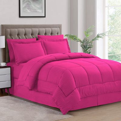 1 Piece Box Stitched Striped Pattern Comforter Ultra Soft 100% Egyptian Cotton Quilt Cover, 1000 Thread Count - (Full/Queen Size, Hot Pink) - 550 GSM Filling