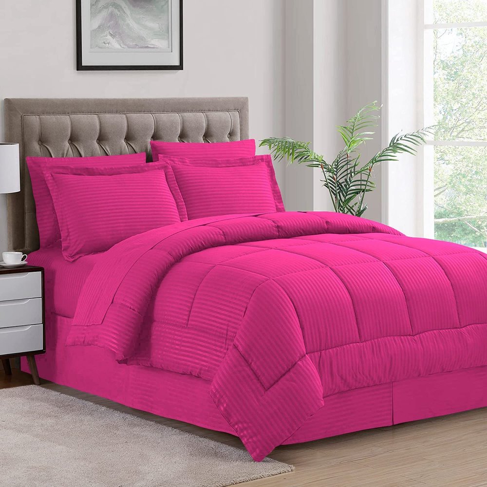 1 Piece Box Stitched Striped Pattern Comforter Ultra Soft 100% Egyptian Cotton Quilt Cover, 1000 Thread Count - (Full/Queen Size, Hot Pink) - 550 GSM Filling