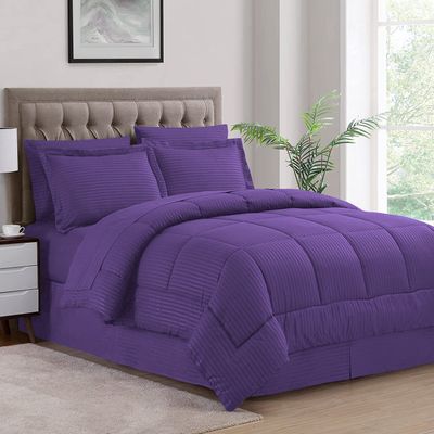 1 Piece Box Stitched Striped Pattern Comforter Super Soft 100% Egyptian Cotton Quilt Cover, 1000 Thread Count - (King/California King Size, Purple) 550 GSM Filling