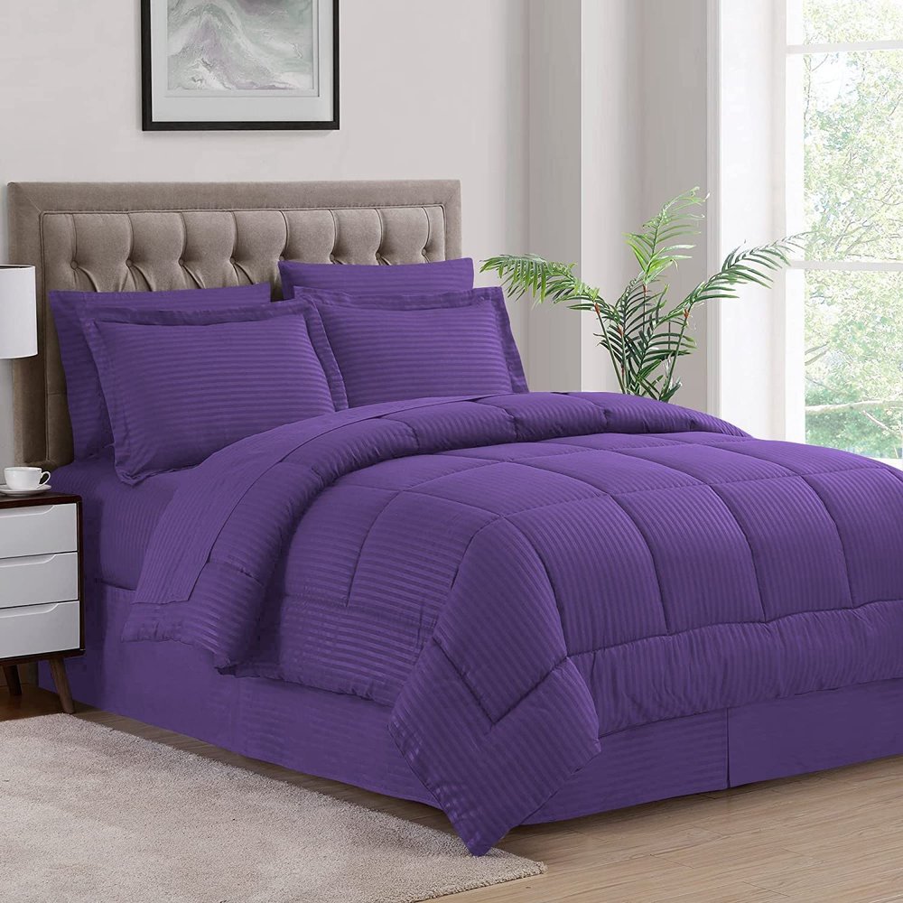 1 Piece Box Stitched Striped Pattern Comforter Super Soft 100% Egyptian Cotton Quilt Cover, 1000 Thread Count - (King/California King Size, Purple) 550 GSM Filling