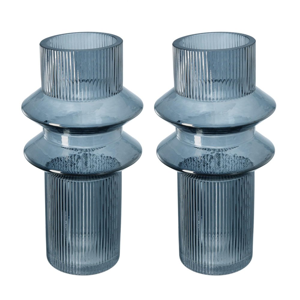 Benjara Rae Set of 2 Glass Vases, Tall Round Cylinders, Blue and Clear