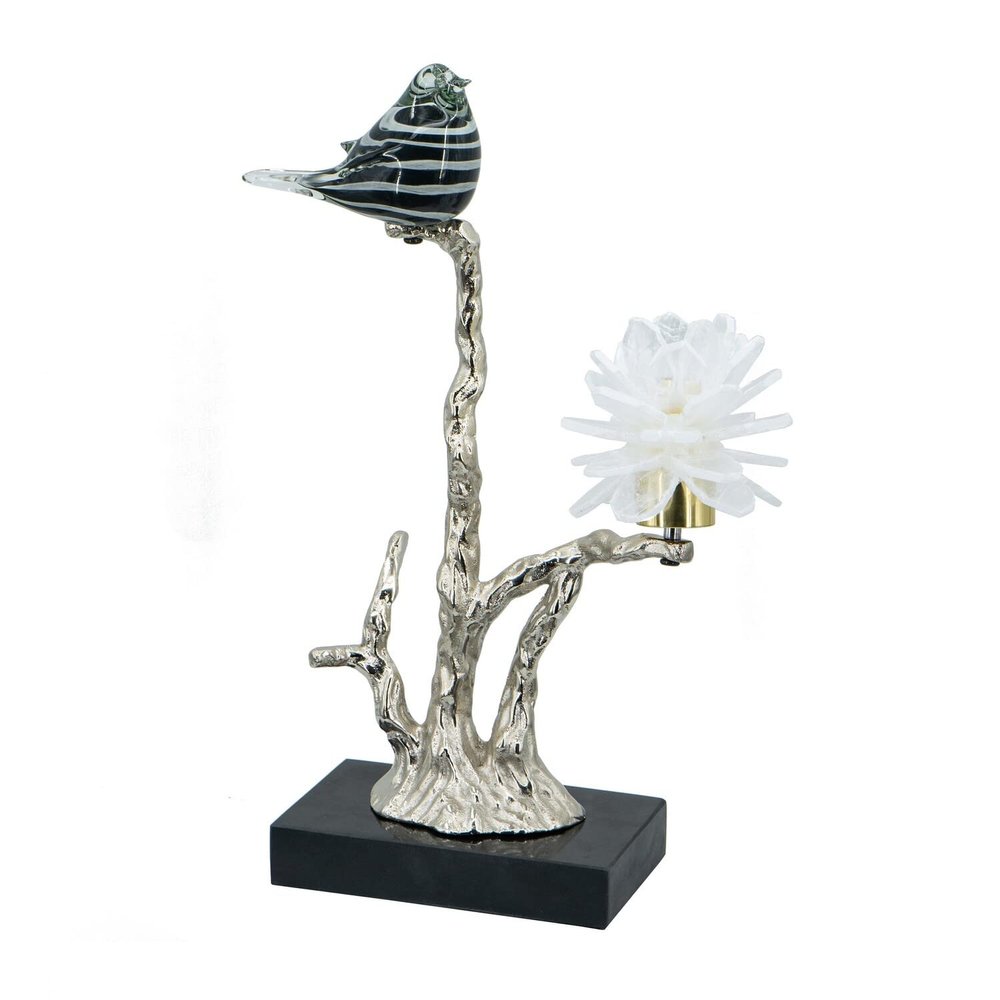 Benjara BM285005 15 in. Sue Accent Decor Figurine Bird on a Branch Flower - Black & Silver