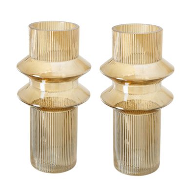 Benjara Rae Set of 2 Glass Vases, Tall Round Cylinders, Yellow and Clear