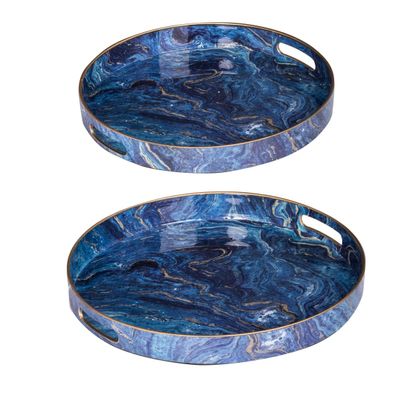 Benjara BM285014 Tabletop Decor Round Accent Trays with Marbling - Blue, Gold Marbling - Set of 2