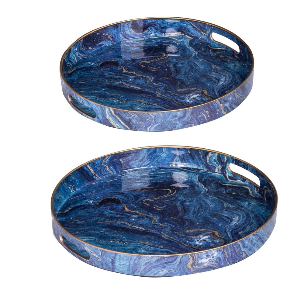 Benjara BM285014 Tabletop Decor Round Accent Trays with Marbling - Blue, Gold Marbling - Set of 2