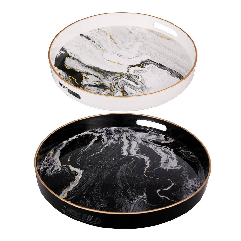 Benjara BM285013 Marbling Round Accent Trays Tabletop Decor - Black White & Gold - Set of 2