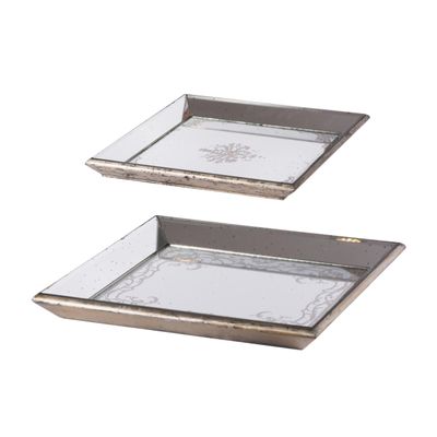 Benjara BM285016 Decorative, Vintage Mirrored Square Serving Trays - Champagne - Set of 2