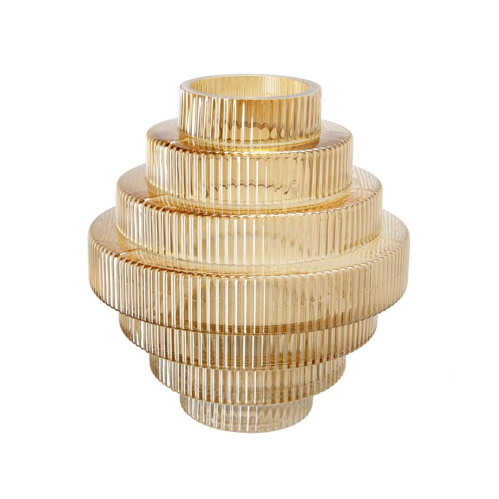 Benjara Rae 10 Inch Glass Vase, Geometric Round, Yellow and Clear