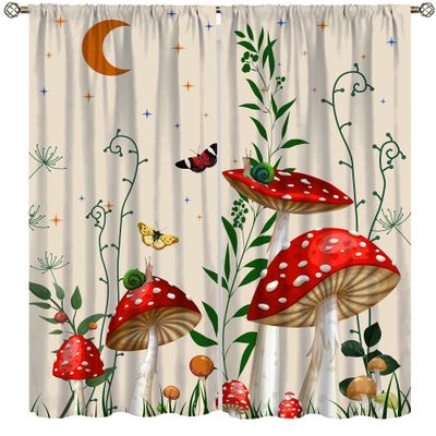 Mushroom Bedroom Curtains,Dream Forest Plants Moon Stars Animals Snails Bedroom Living Room Kitchen Rod Pocket Curtains 63x72in