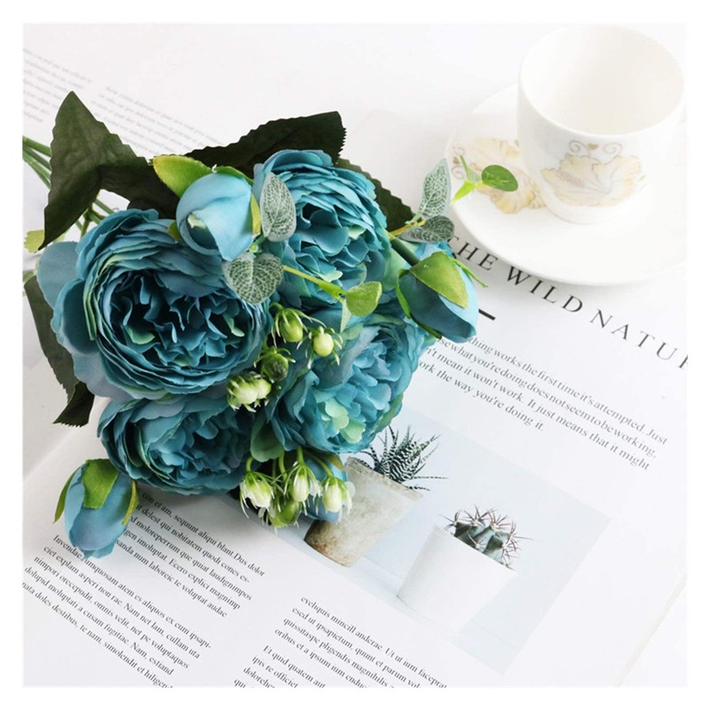1 Bundle Silk Peony Bouquet Home Decoration Wedding Party Scrapbook Fake Plants DIY Pompons Artificial Roses Flowers Fake Flowers(Blue)