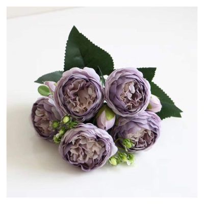 1 Bundle Silk Peony Bouquet Home Decoration Wedding Party Scrapbook Fake Plants DIY Pompons Artificial Roses Flowers Fake Flowers(Purple)