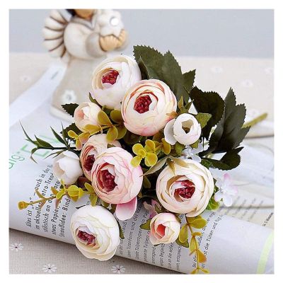 10 Heads/1 Bundle Silk Tea Roses Bride Bouquet for Christmas Home Wedding New Year Fake Plants Artificial Flowers Fake Flowers(Light Pink)