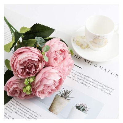 1 Bundle Silk Peony Bouquet Home Decoration Wedding Party Scrapbook Fake Plants DIY Pompons Artificial Roses Flowers Fake Flowers(Pink)