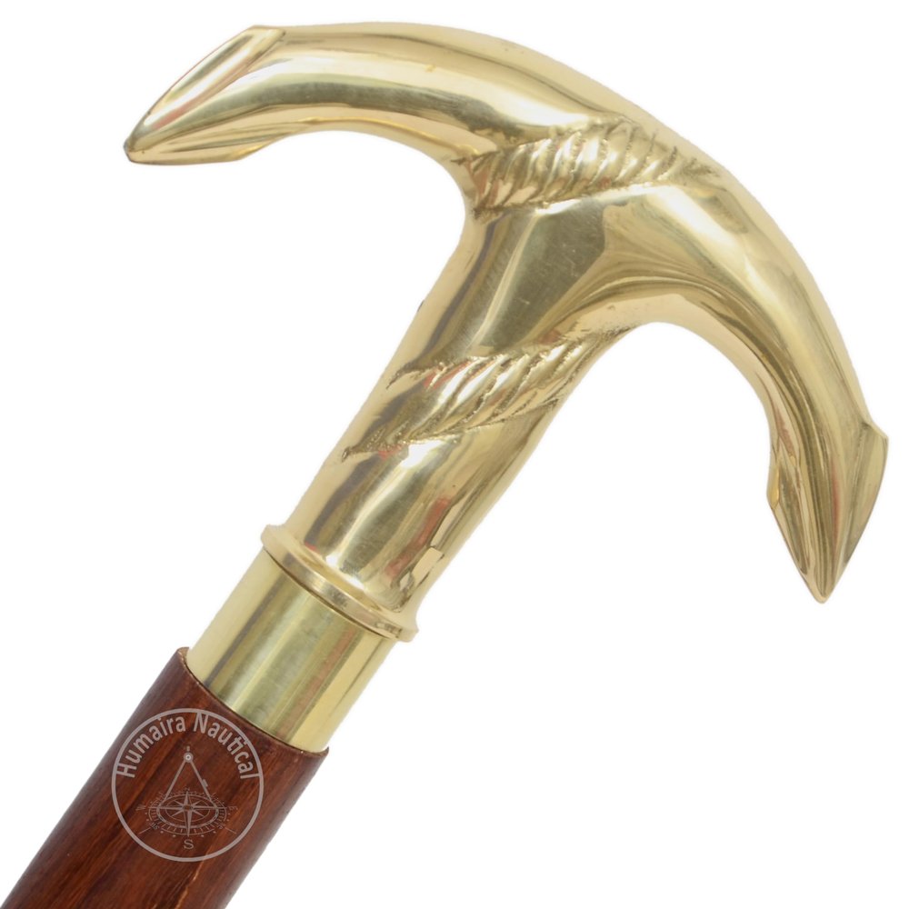 Humaira Nautical Walking Stick, Wood and Brass Anchor Handle, Brown, Decorative Cane for Men